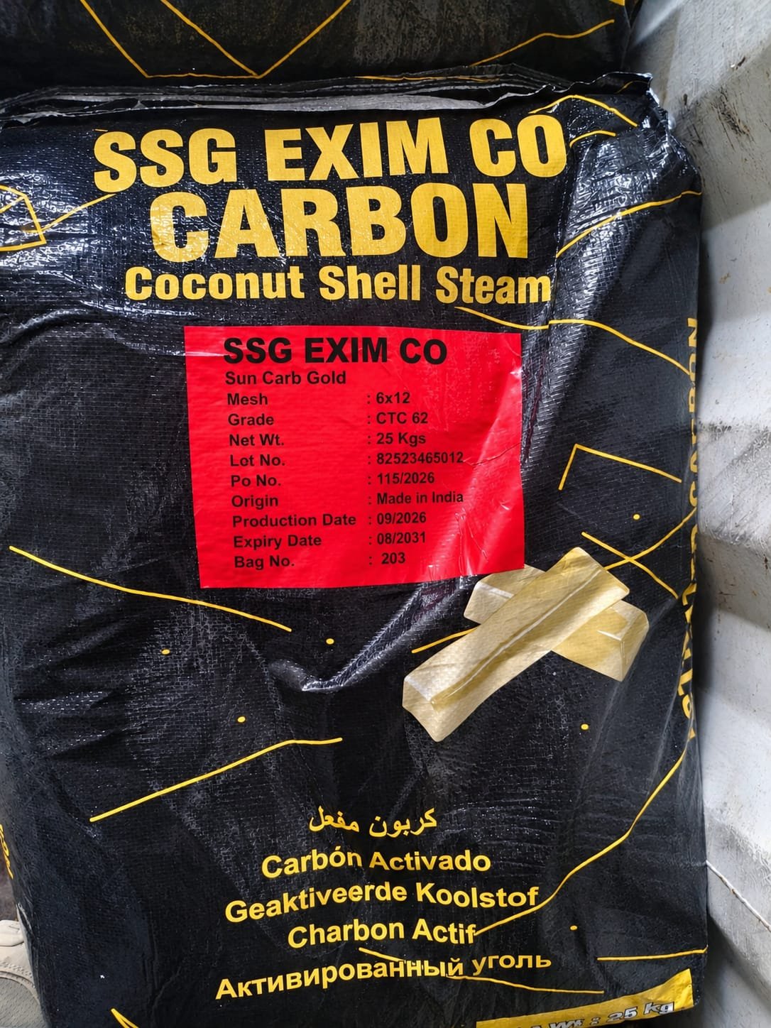 SSG EXIM CO Coconut Shell Steam Activated Carbon 25kg Export Bag